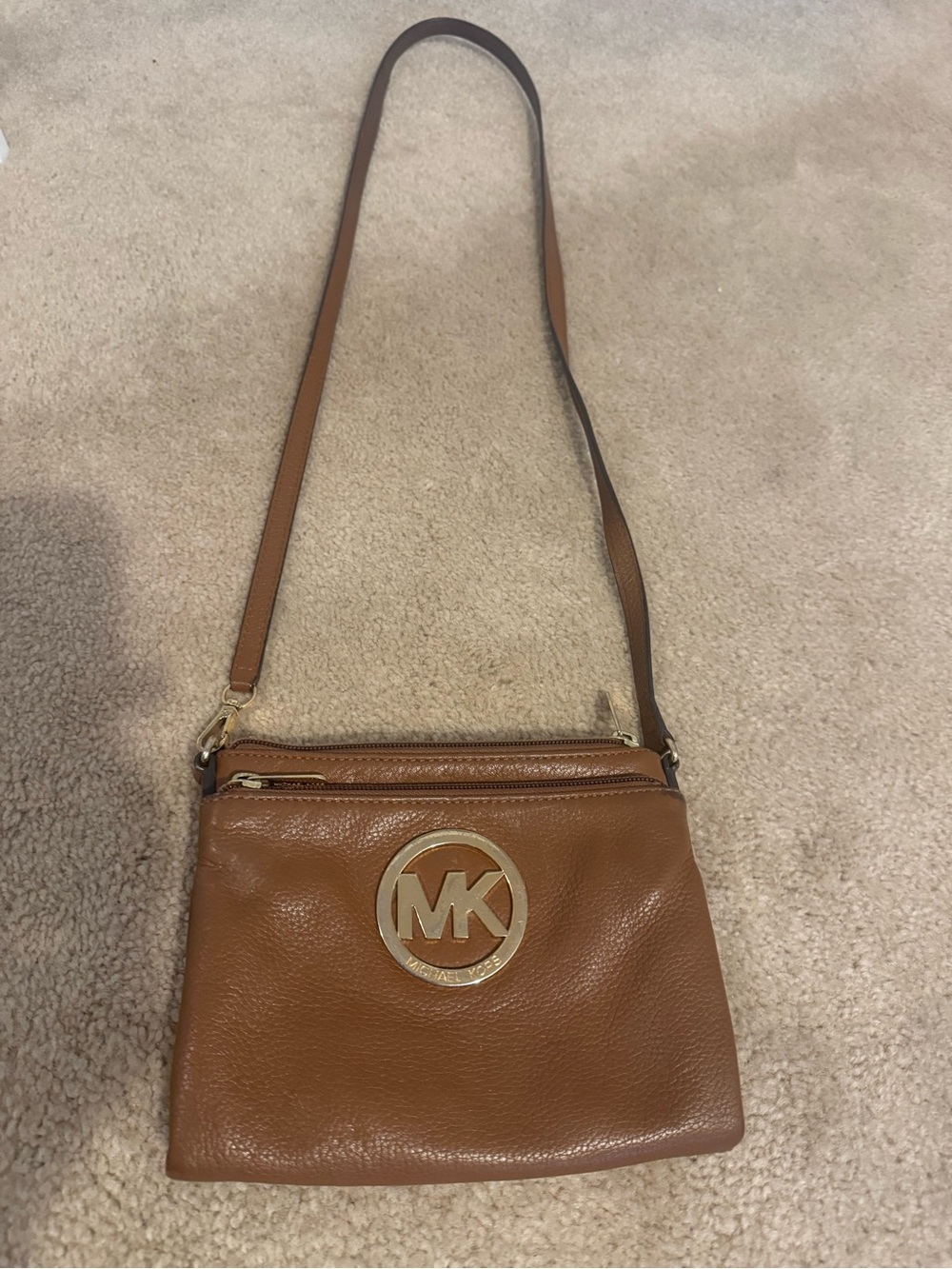 Michael Kors Tan Pebbled Leather Crossbody bag with Gold MK Logo